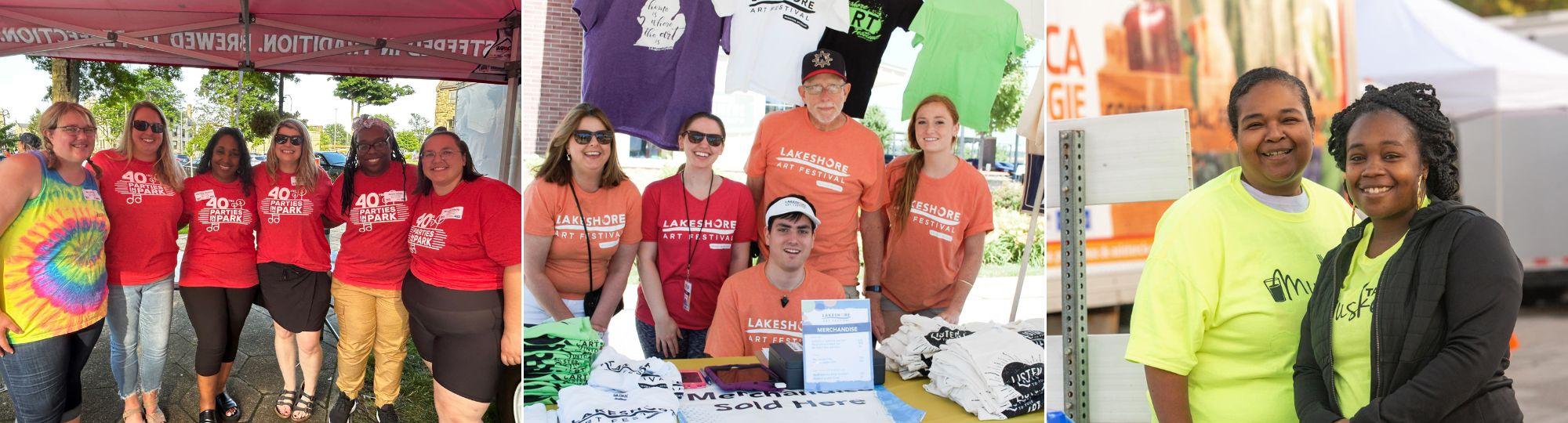 Three photos featuring volunteers at Lakeshore Festivals